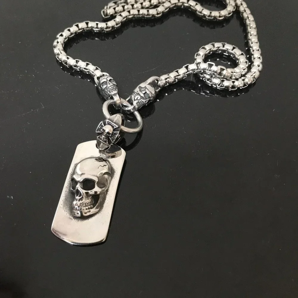 Skull Necklace Pendant Chain Biker Silver Rock Mans Moto Gothic Motorcycle - Picture 4 of 7